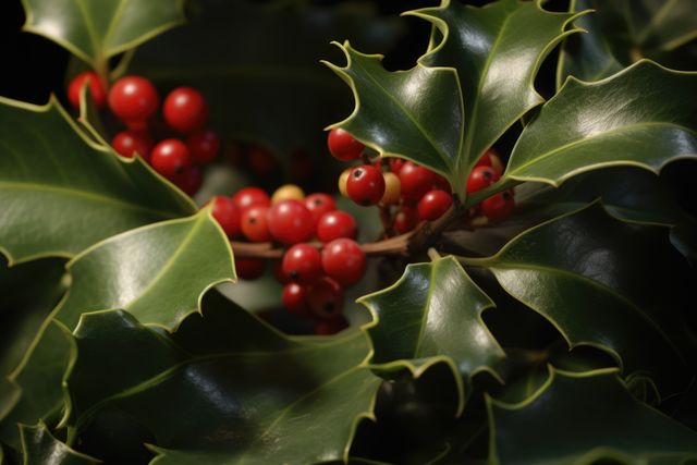 This close-up showcases the vibrant red berries and glossy green leaves of a holly plant, commonly associated with holiday decorations. Perfect for use in festive themes, Christmas cards, seasonal promotions, and nature-focused content.