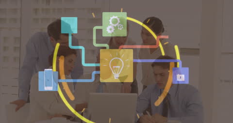 Team Collaborating on Digital Network Strategy in Modern Office