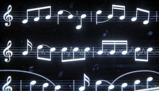 Glowing musical notation and waveform overlay on dark neon treble clef staves futuristic