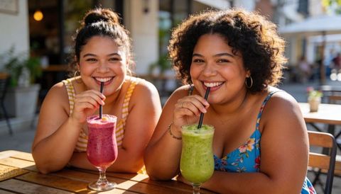Two friends enjoying colorful fruit smoothies on sunny outdoor cafe patio, laughing