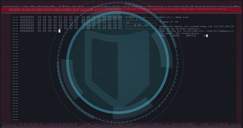 Blue shield hud displaying hex dump and nmap terminal overlay for cybersecurity monitoring