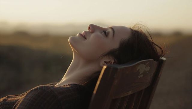 Reclining woman enjoying golden hour on weathered wooden chair, tranquil rural portrait