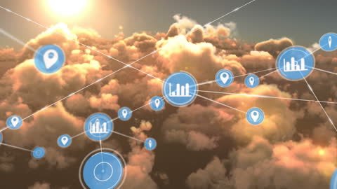 Animated Data Icons in Cloud Network at Sunset