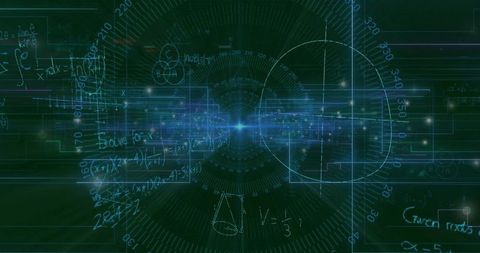 Futuristic Data Interface with Glowing Equations and Radial Patterns