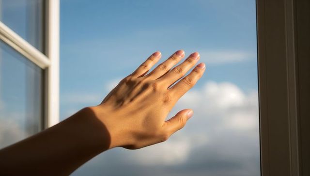 Reaching hand touching window glass with warm sunlight and blue sky clouds