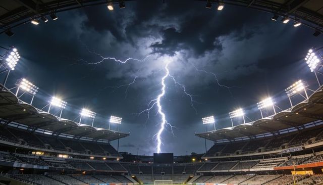 Vertical lightning striking stadium night sky, floodlights glowing, dramatic storm moment