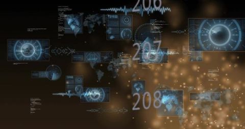 Futuristic hud displaying incrementing numeric telemetry, sliding blue panels and particle effects