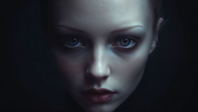 Gazing woman holding steady stare closeup with dramatic bluish lighting and moody makeup