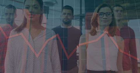 Team of professionals analyzing data with chart overlay