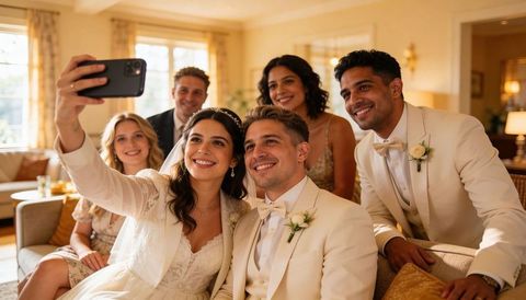 Bridal couple taking joyful selfie with wedding party in elegant warm lounge celebration