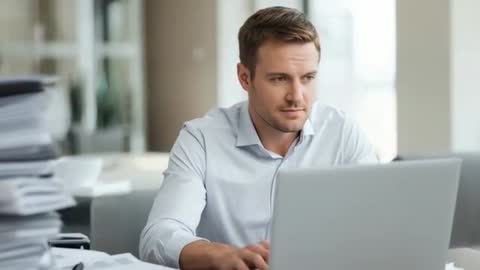 Focused Office Worker Typing on Laptop in Modern Workspace