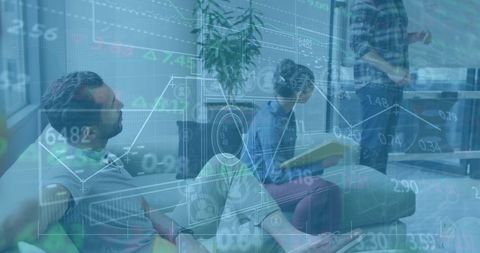 Financial Data Analysis Overlaid on Diverse Business Team in Office