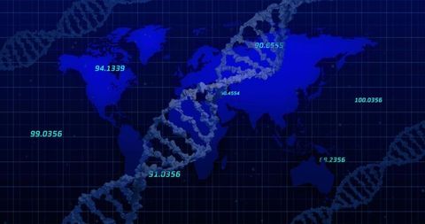 Global genomics data visualization DNA helix crossing world map with numeric readouts