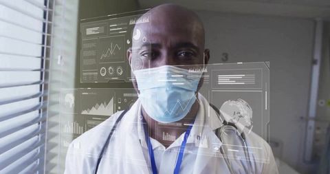 Doctor Reviewing Futuristic Data Interfaces in Hospital Corridor
