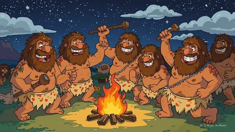 Joyful caveman gathering for nighttime celebration
