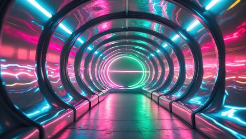 Futuristic Tunnel with Neon Illumination and Glowing Portal