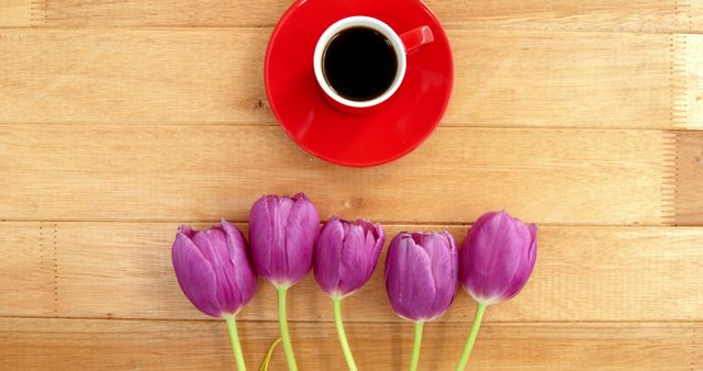 Coffee in red cup on wooden table with purple tulips in spring - Download Free Stock Images Pikwizard.com