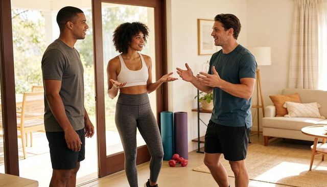 Home fitness coach guiding friends through living room dumbbell workout in bright daylight