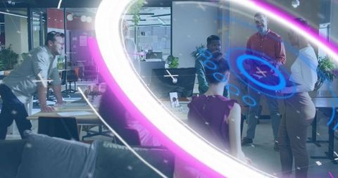 Team collaborating with augmented reality rings and holographic ui in modern open office