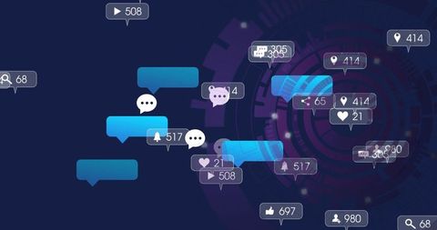 Floating chat bubbles with social notifications on dark tech HUD interface