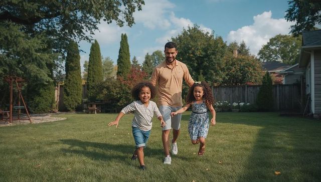 Father running with two children on sunny suburban backyard lawn laughing and playing