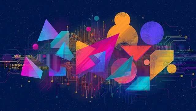 Abstract Geometric Shapes Floating Above Circuits with Binary Code