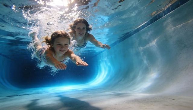 Sunlit underwater swim showing mother and daughter gliding in clear pool with bubbles