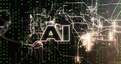 Futuristic AI Data Stream with Green Digital Matrix