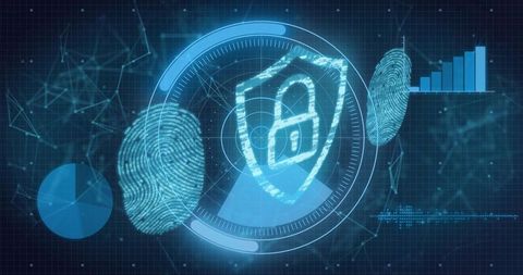 Futuristic cybersecurity hud with shield lock and biometric fingerprints on dashboard