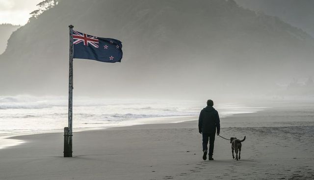 Man walking dog on misty new zealand beach with waving flag and coastal headland