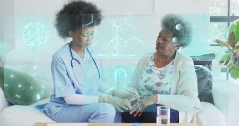 Nurse and Elderly Patient Discussing Health with Holographic Technology