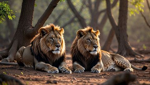 Majestic pair of male lions resting in forest clearing