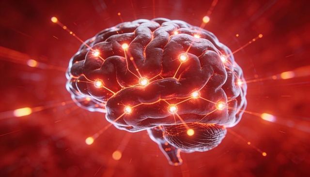 Glowing 3d brain with neural network connections and pulsing synapse lights for ai