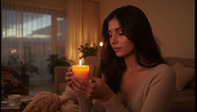 Holding lit candle on sofa at dusk wearing beige sweater cozy warm interior ambience