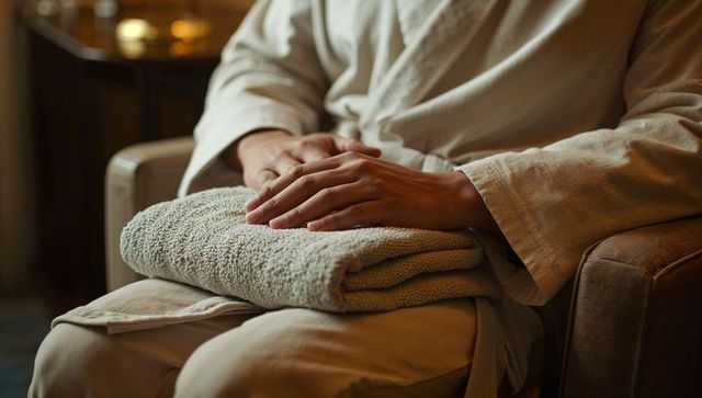 Hands resting on folded towel wearing spa robe relaxing in neutral beige lounge