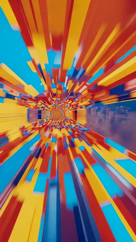 Vertical looping neon tunnel with moving prisms converging in futuristic geometric motion