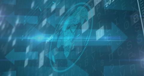 Rotating translucent globe within dotted HUD overlay with directional arrows and data grid