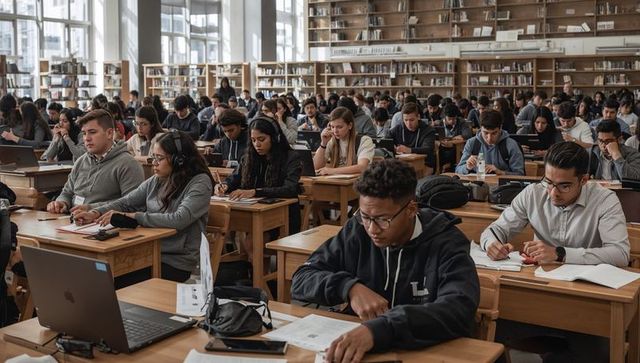 Students Concentrating in Busy College Library During Exam Study Session with Laptops