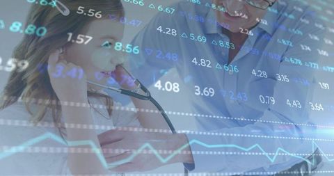 Child Listening to Heart while Doctor Using Stethoscope overlaid with Financial Data