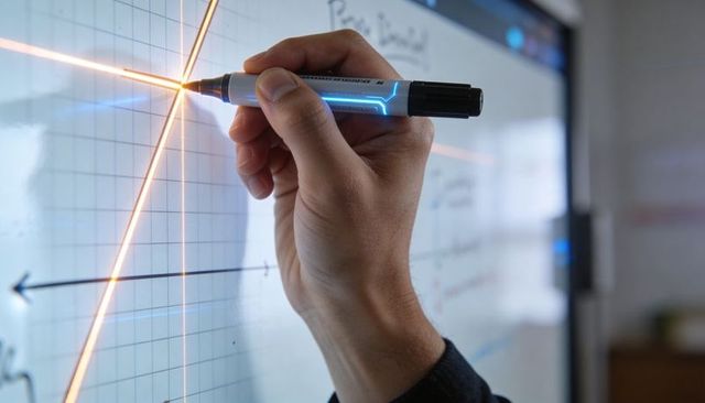 Hand drawing glowing curve on interactive digital whiteboard with cartesian grid and marker
