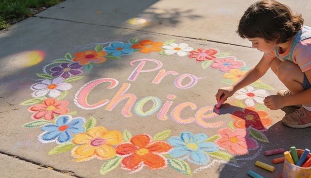 Child drawing pro choice chalk flower wreath on sunlit sidewalk