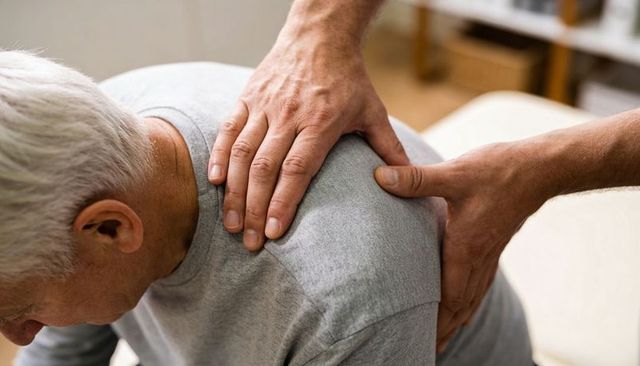 Senior man receiving gentle shoulder and upper back massage from caregiver at home