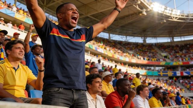 Ecstatic fan raising arms and cheering in sunlit stadium with colorful flags and crowd