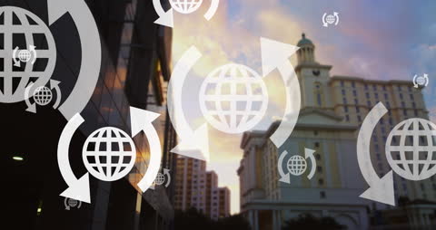 Digital Globe Icons Over Modern Buildings Representing Global Connectivity