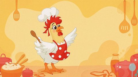 Whimsical cartoon chicken chef with wooden spoon in a playful kitchen scene