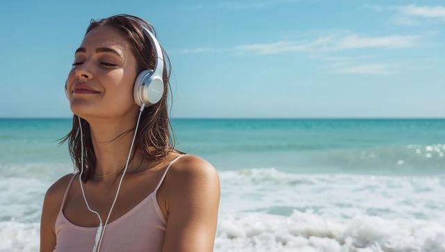 Young woman listening to music with headphones on turquoise beach relaxing summer vibes