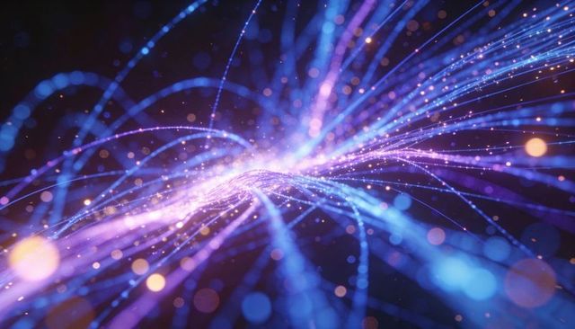 Neon Data Streams Converging Into Radiant Digital Nexus With Blue Filaments
