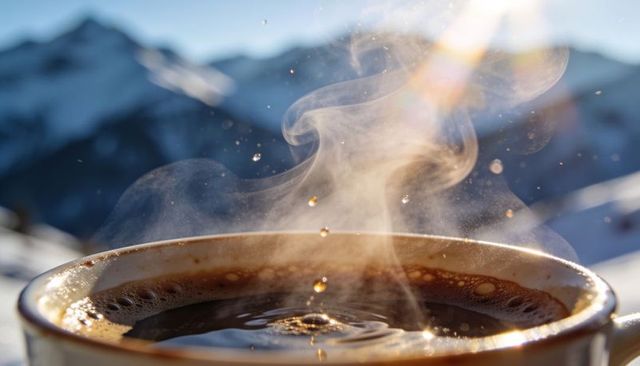 Steaming enamel mug with dark coffee and curling steam over snowy alpine peaks