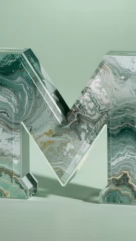 Rotating marbled glass M revealing depth and translucence in minimalist vertical video