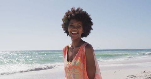 Joyful African American Woman on Sunny Beach - Download Free Stock Images Pikwizard.com